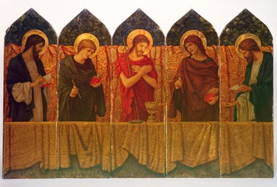 Cristo y cuatro santos, panel de altar diseñado por Burne-Jones de Thomas Matthews Rooke